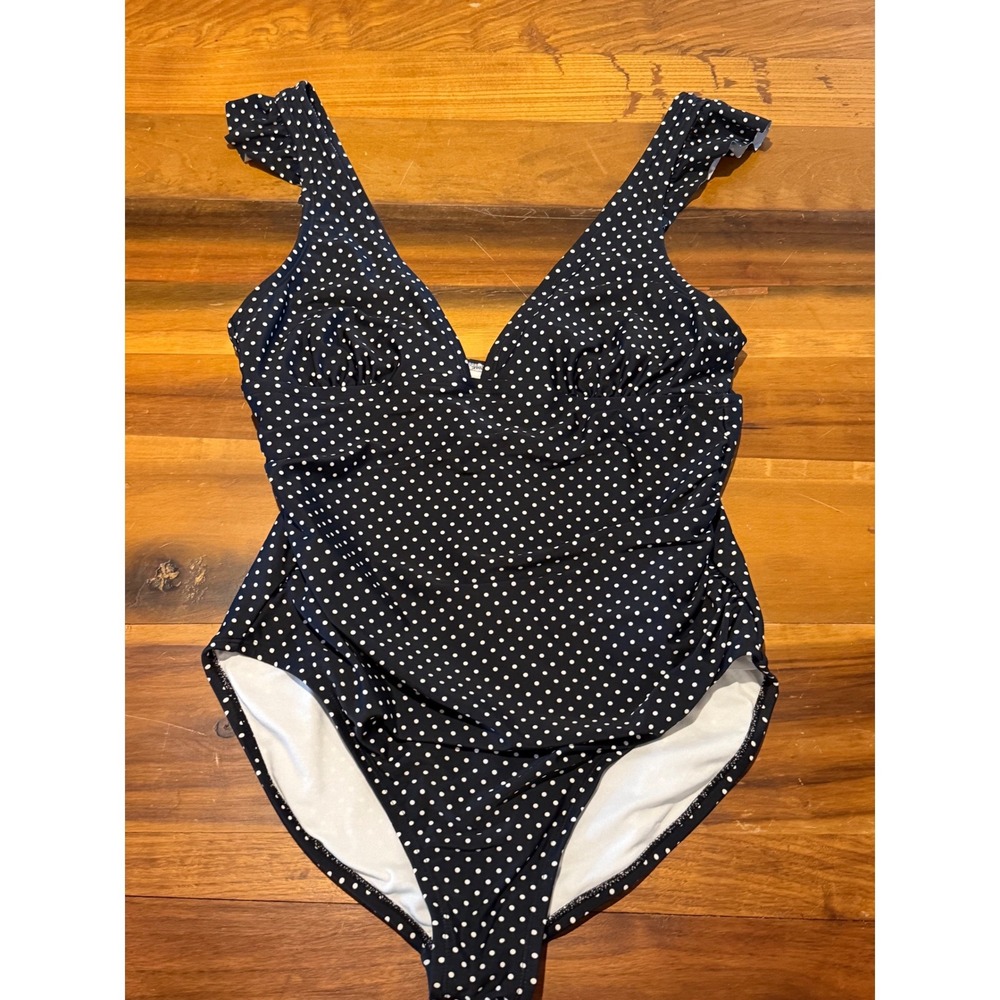 Shade & Shore Black White Polka Dot Ruffle V-Neck One Piece Swimsuit L 12-14
